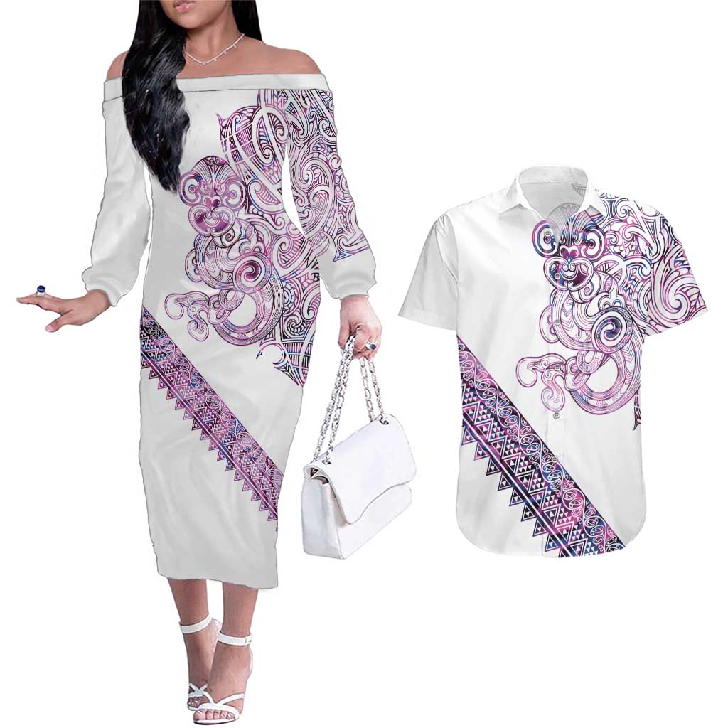 Mawhero Paua shell Kowhaiwhai Taniko Personalised Couples Matching Off The Shoulder Long Sleeve Dress and Hawaiian Shirt Taniwha Maori Tribal Style