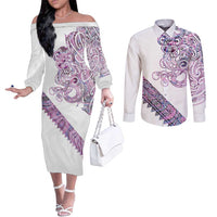 Mawhero Paua shell Kowhaiwhai Taniko Personalised Couples Matching Off The Shoulder Long Sleeve Dress and Long Sleeve Button Shirt Taniwha Maori Tribal Style