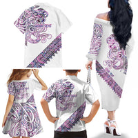 Mawhero Paua shell Kowhaiwhai Taniko Personalised Family Matching Off The Shoulder Long Sleeve Dress and Hawaiian Shirt Taniwha Maori Tribal Style