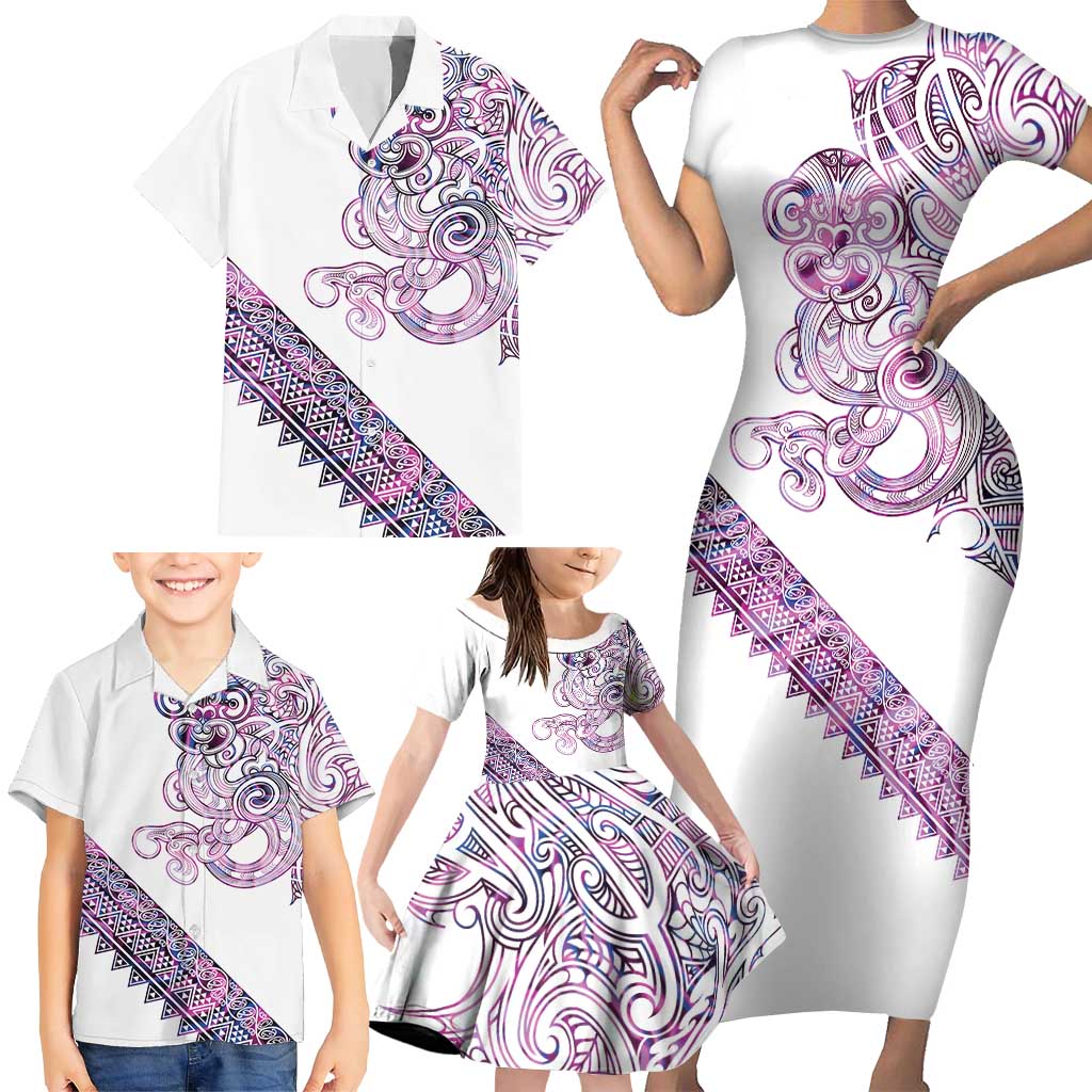 Mawhero Paua shell Kowhaiwhai Taniko Personalised Family Matching Short Sleeve Bodycon Dress and Hawaiian Shirt Taniwha Maori Tribal Style