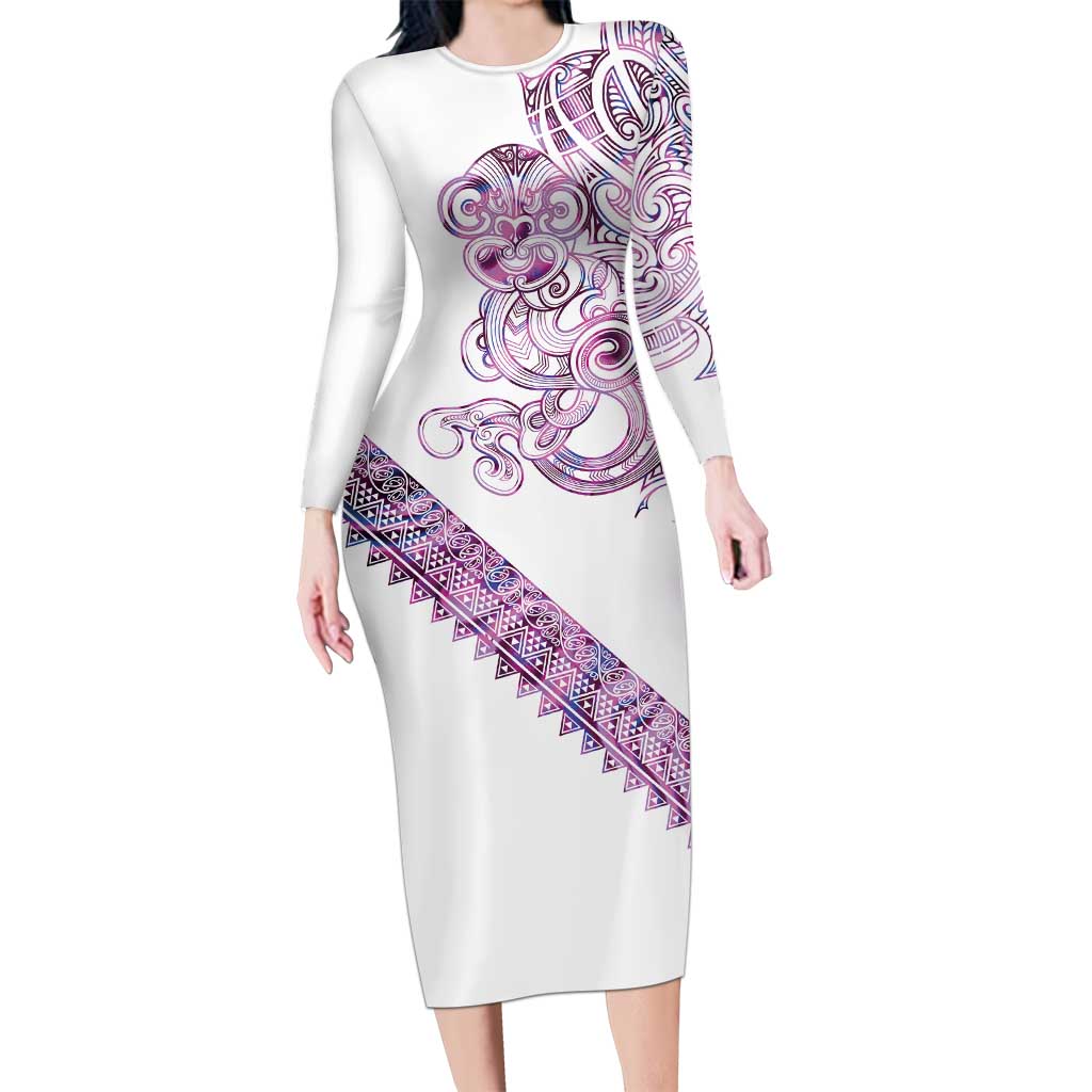 Mawhero Paua shell Kowhaiwhai Taniko Personalised Long Sleeve Bodycon Dress Taniwha Maori Tribal Style