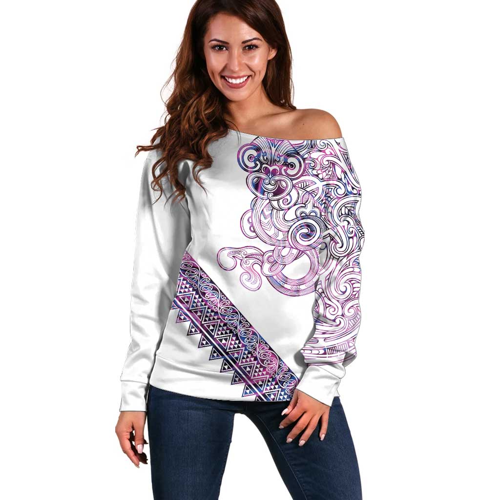 Mawhero Paua shell Kowhaiwhai Taniko Personalised Off Shoulder Sweater Taniwha Maori Tribal Style LT9 Women Pink - Polynesian Pride