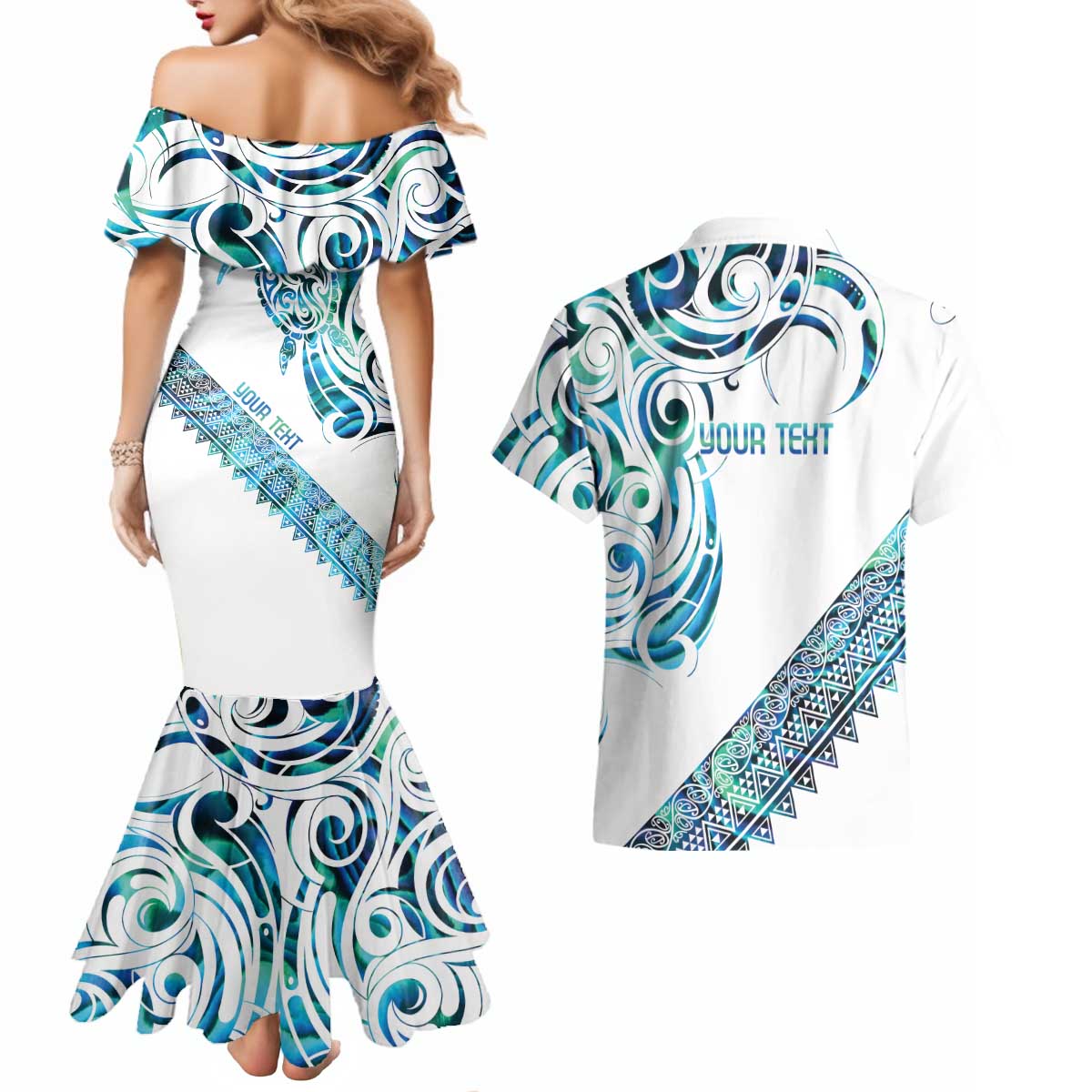 Kahui Whetu Paua shell Kowhaiwhai Taniko Personalised Couples Matching Mermaid Dress and Hawaiian Shirt Turtle Tattoo Maori Tribal Style