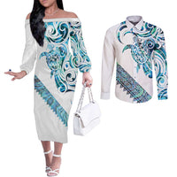 Kahui Whetu Paua shell Kowhaiwhai Taniko Personalised Couples Matching Off The Shoulder Long Sleeve Dress and Long Sleeve Button Shirt Turtle Tattoo Maori Tribal Style