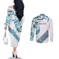 Kahui Whetu Paua shell Kowhaiwhai Taniko Personalised Couples Matching Off The Shoulder Long Sleeve Dress and Long Sleeve Button Shirt Turtle Tattoo Maori Tribal Style