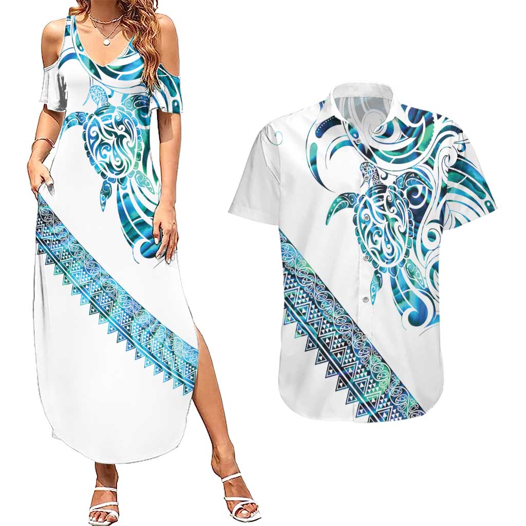 Kahui Whetu Paua shell Kowhaiwhai Taniko Personalised Couples Matching Summer Maxi Dress and Hawaiian Shirt Turtle Tattoo Maori Tribal Style