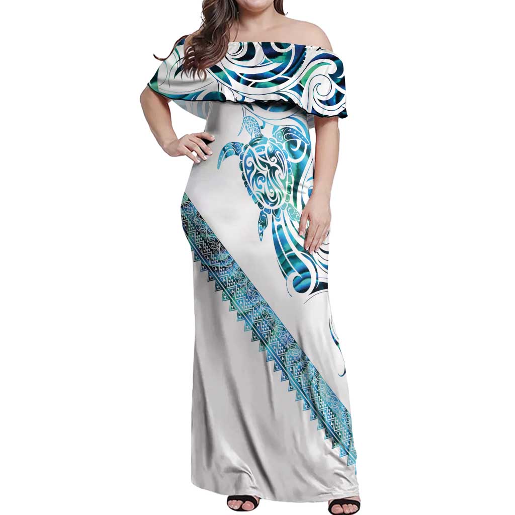 Kahui Whetu Paua shell Kowhaiwhai Taniko Personalised Off Shoulder Maxi Dress Turtle Tattoo Maori Tribal Style