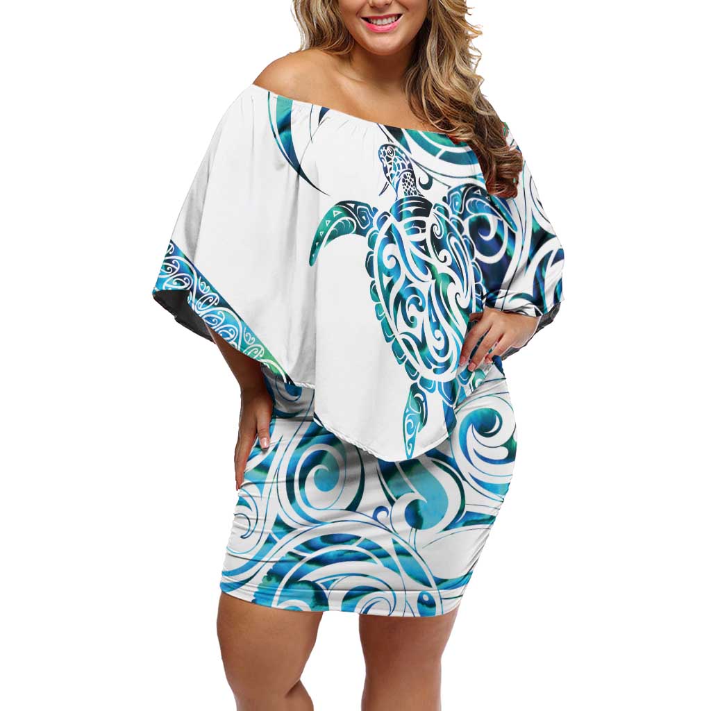 Kahui Whetu Paua shell Kowhaiwhai Taniko Personalised Off Shoulder Short Dress Turtle Tattoo Maori Tribal Style