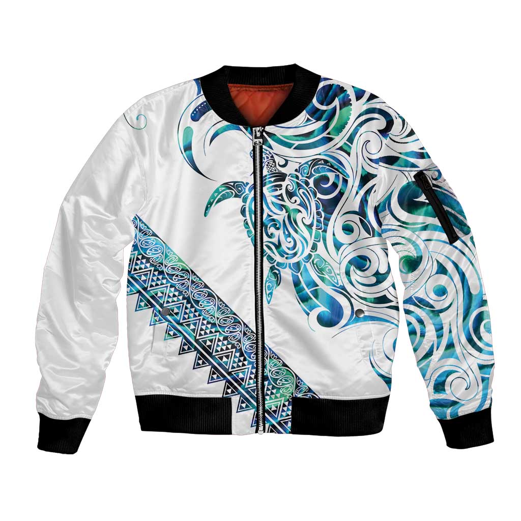Kahui Whetu Paua shell Kowhaiwhai Taniko Personalised Sleeve Zip Bomber Jacket Turtle Tattoo Maori Tribal Style