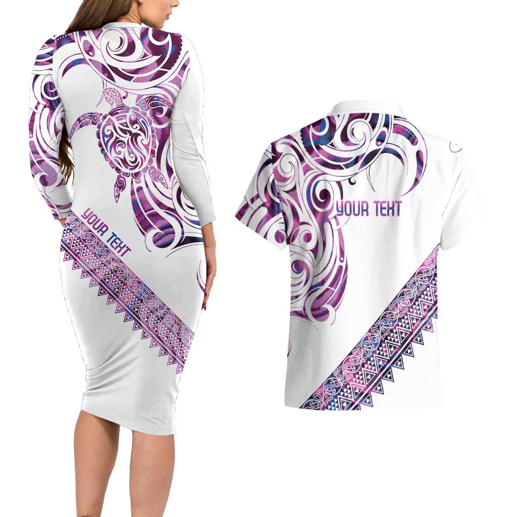 Mawhero Paua shell Kowhaiwhai Taniko Personalised Couples Matching Long Sleeve Bodycon Dress and Hawaiian Shirt Turtle Tattoo Maori Tribal Style