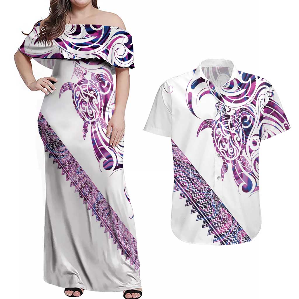 Mawhero Paua shell Kowhaiwhai Taniko Personalised Couples Matching Off Shoulder Maxi Dress and Hawaiian Shirt Turtle Tattoo Maori Tribal Style