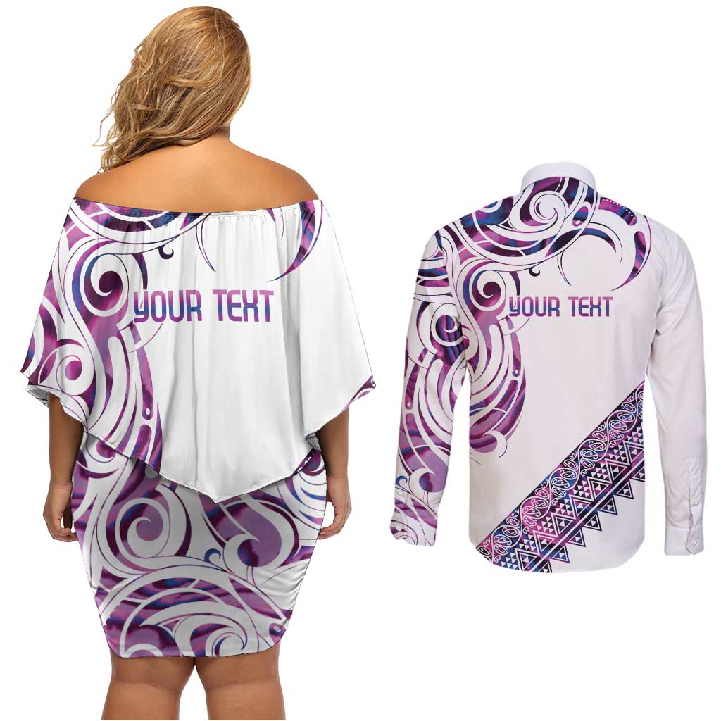 Mawhero Paua shell Kowhaiwhai Taniko Personalised Couples Matching Off Shoulder Short Dress and Long Sleeve Button Shirt Turtle Tattoo Maori Tribal Style