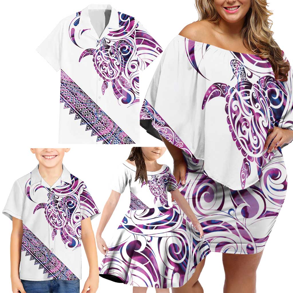Mawhero Paua shell Kowhaiwhai Taniko Personalised Family Matching Off Shoulder Short Dress and Hawaiian Shirt Turtle Tattoo Maori Tribal Style