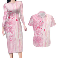 Breast Cancer Awareness Couples Matching Long Sleeve Bodycon Dress and Hawaiian Shirt Maile Pikake Lokelani Crown Flower Lei Inspired