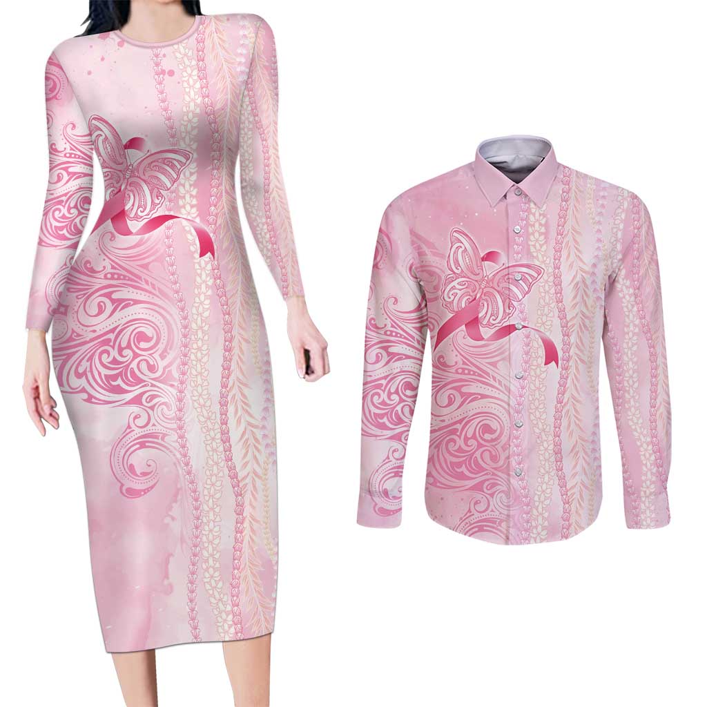 Breast Cancer Awareness Couples Matching Long Sleeve Bodycon Dress and Long Sleeve Button Shirt Maile Pikake Lokelani Crown Flower Lei Inspired