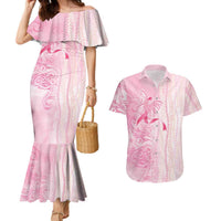 Breast Cancer Awareness Couples Matching Mermaid Dress and Hawaiian Shirt Maile Pikake Lokelani Crown Flower Lei Inspired