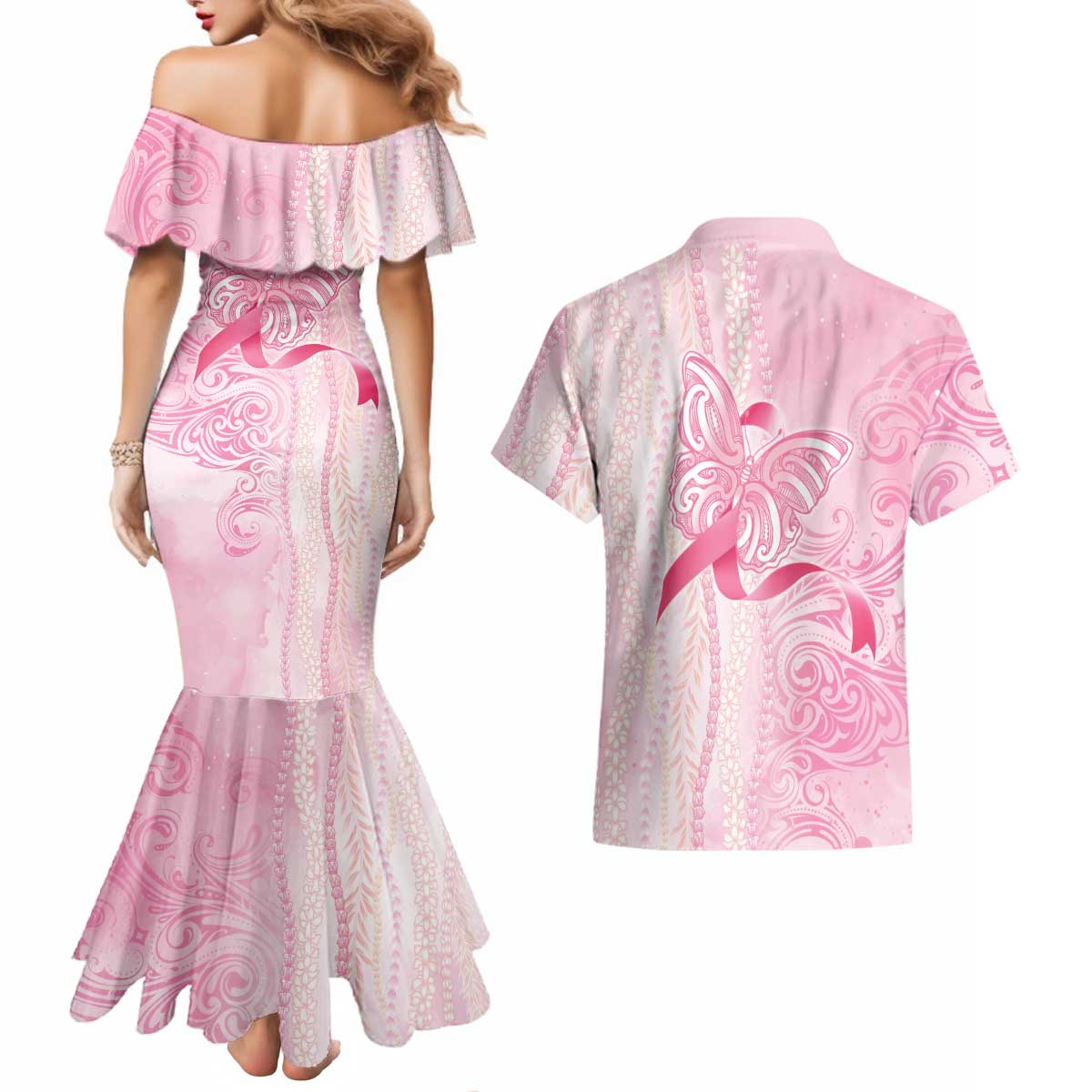 Breast Cancer Awareness Couples Matching Mermaid Dress and Hawaiian Shirt Maile Pikake Lokelani Crown Flower Lei Inspired