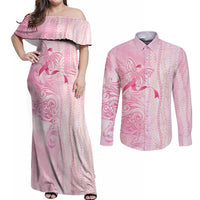 Breast Cancer Awareness Couples Matching Off Shoulder Maxi Dress and Long Sleeve Button Shirt Maile Pikake Lokelani Crown Flower Lei Inspired