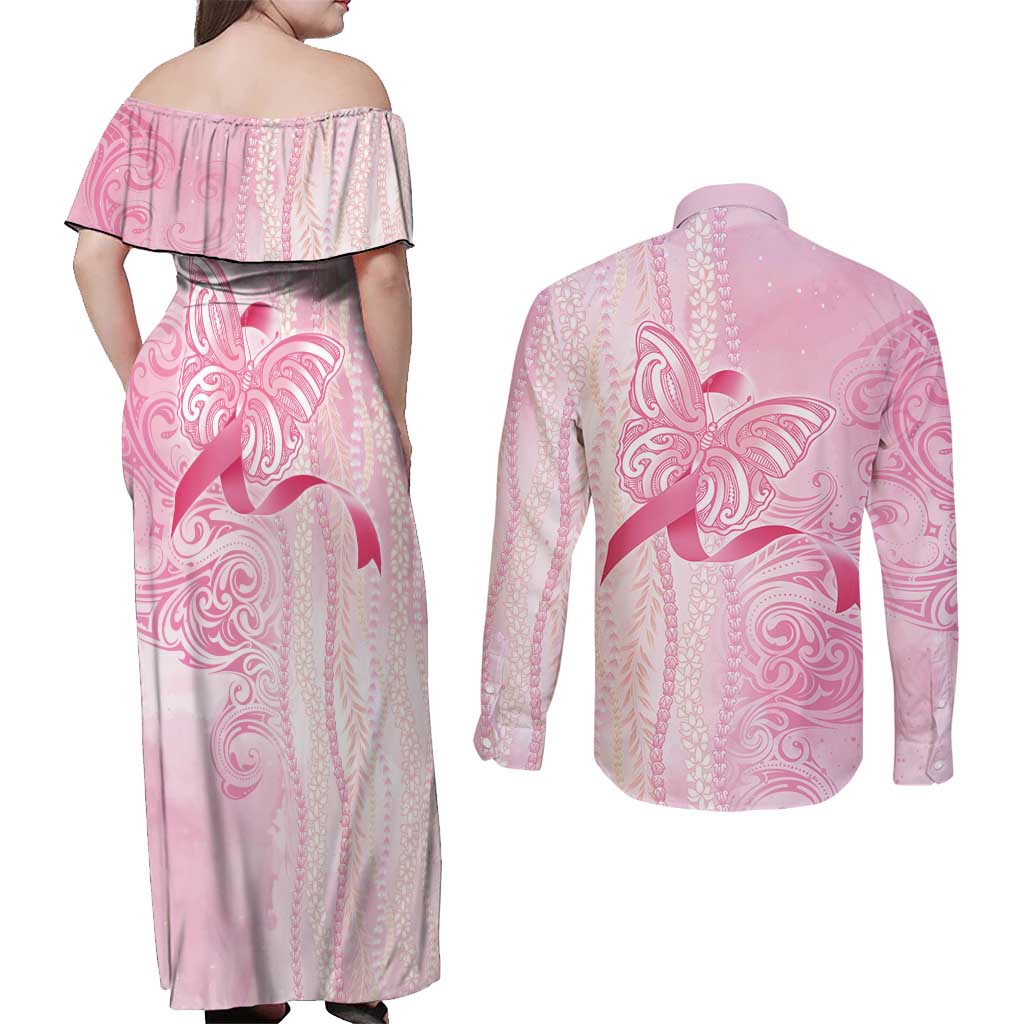 Breast Cancer Awareness Couples Matching Off Shoulder Maxi Dress and Long Sleeve Button Shirt Maile Pikake Lokelani Crown Flower Lei Inspired
