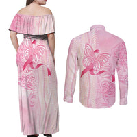 Breast Cancer Awareness Couples Matching Off Shoulder Maxi Dress and Long Sleeve Button Shirt Maile Pikake Lokelani Crown Flower Lei Inspired