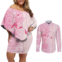 Breast Cancer Awareness Couples Matching Off Shoulder Short Dress and Long Sleeve Button Shirt Maile Pikake Lokelani Crown Flower Lei Inspired LT9 Pink - Polynesian Pride