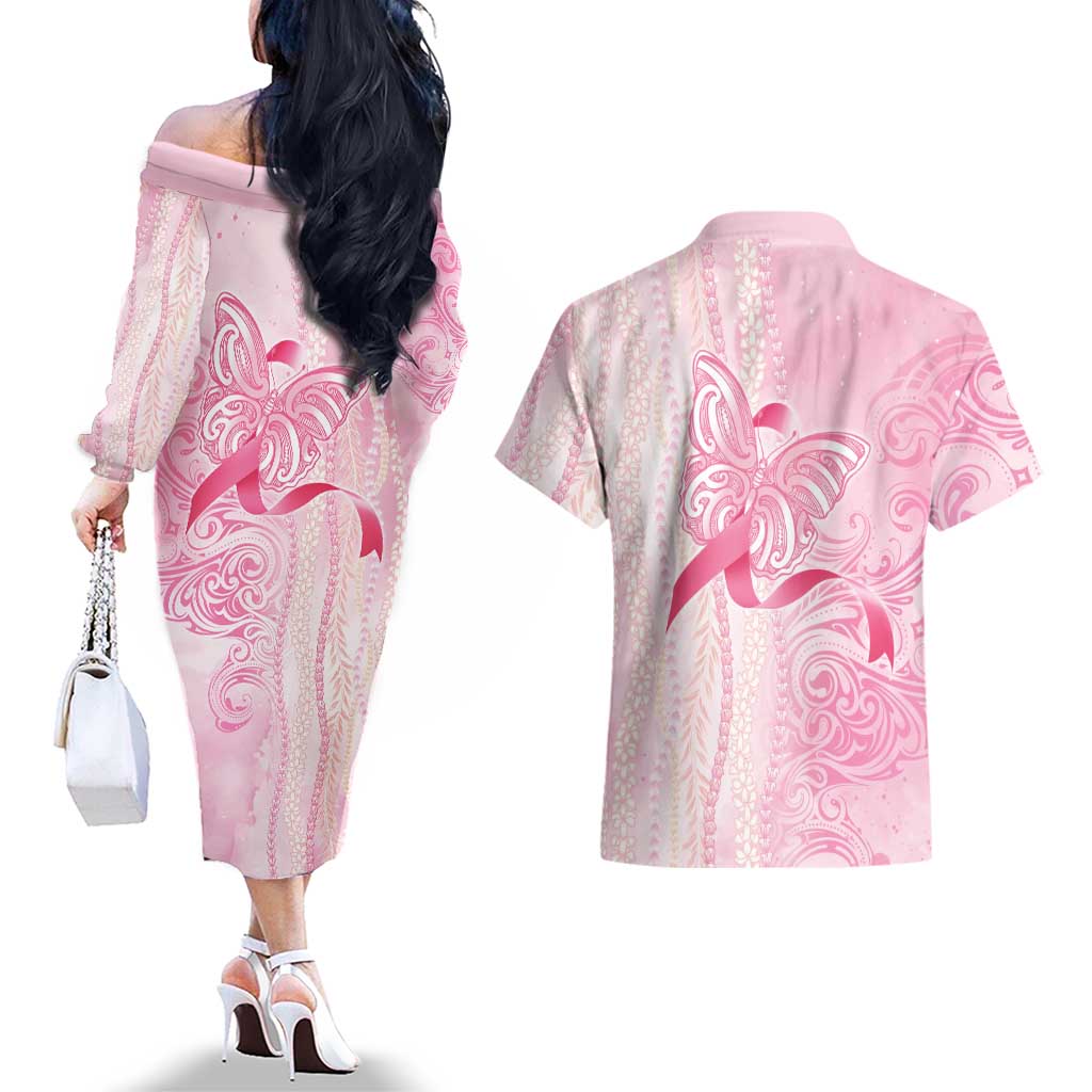 Breast Cancer Awareness Couples Matching Off The Shoulder Long Sleeve Dress and Hawaiian Shirt Maile Pikake Lokelani Crown Flower Lei Inspired