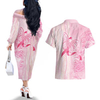 Breast Cancer Awareness Couples Matching Off The Shoulder Long Sleeve Dress and Hawaiian Shirt Maile Pikake Lokelani Crown Flower Lei Inspired