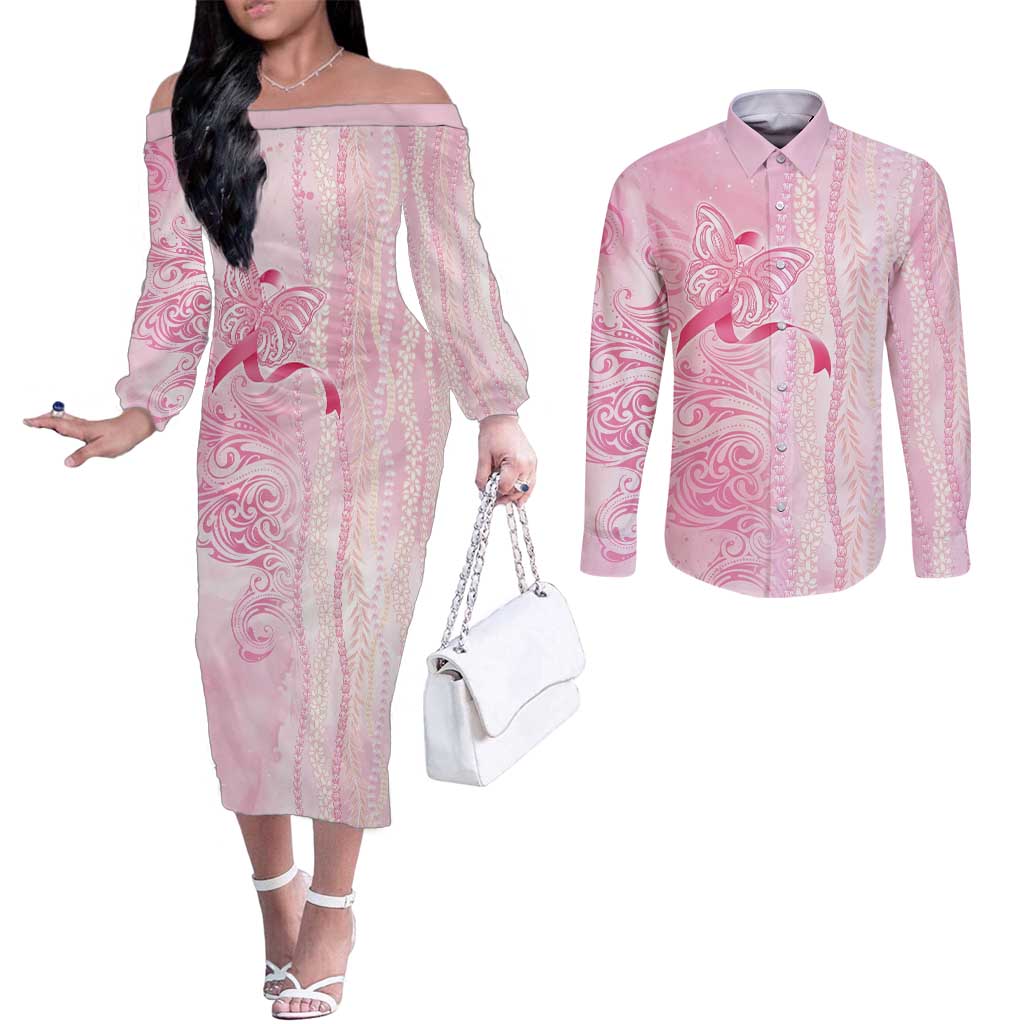 Breast Cancer Awareness Couples Matching Off The Shoulder Long Sleeve Dress and Long Sleeve Button Shirt Maile Pikake Lokelani Crown Flower Lei Inspired