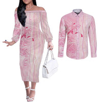 Breast Cancer Awareness Couples Matching Off The Shoulder Long Sleeve Dress and Long Sleeve Button Shirt Maile Pikake Lokelani Crown Flower Lei Inspired