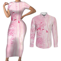 Breast Cancer Awareness Couples Matching Short Sleeve Bodycon Dress and Long Sleeve Button Shirt Maile Pikake Lokelani Crown Flower Lei Inspired