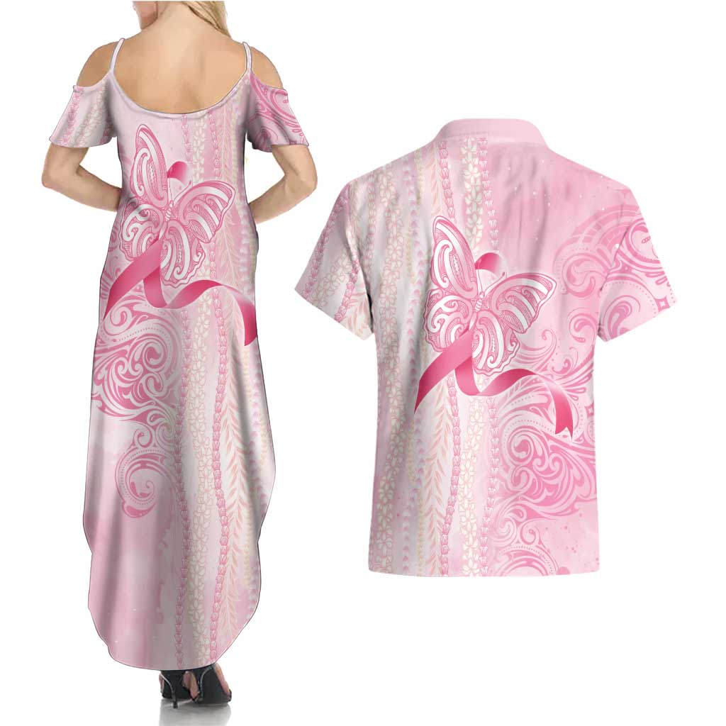 Breast Cancer Awareness Couples Matching Summer Maxi Dress and Hawaiian Shirt Maile Pikake Lokelani Crown Flower Lei Inspired