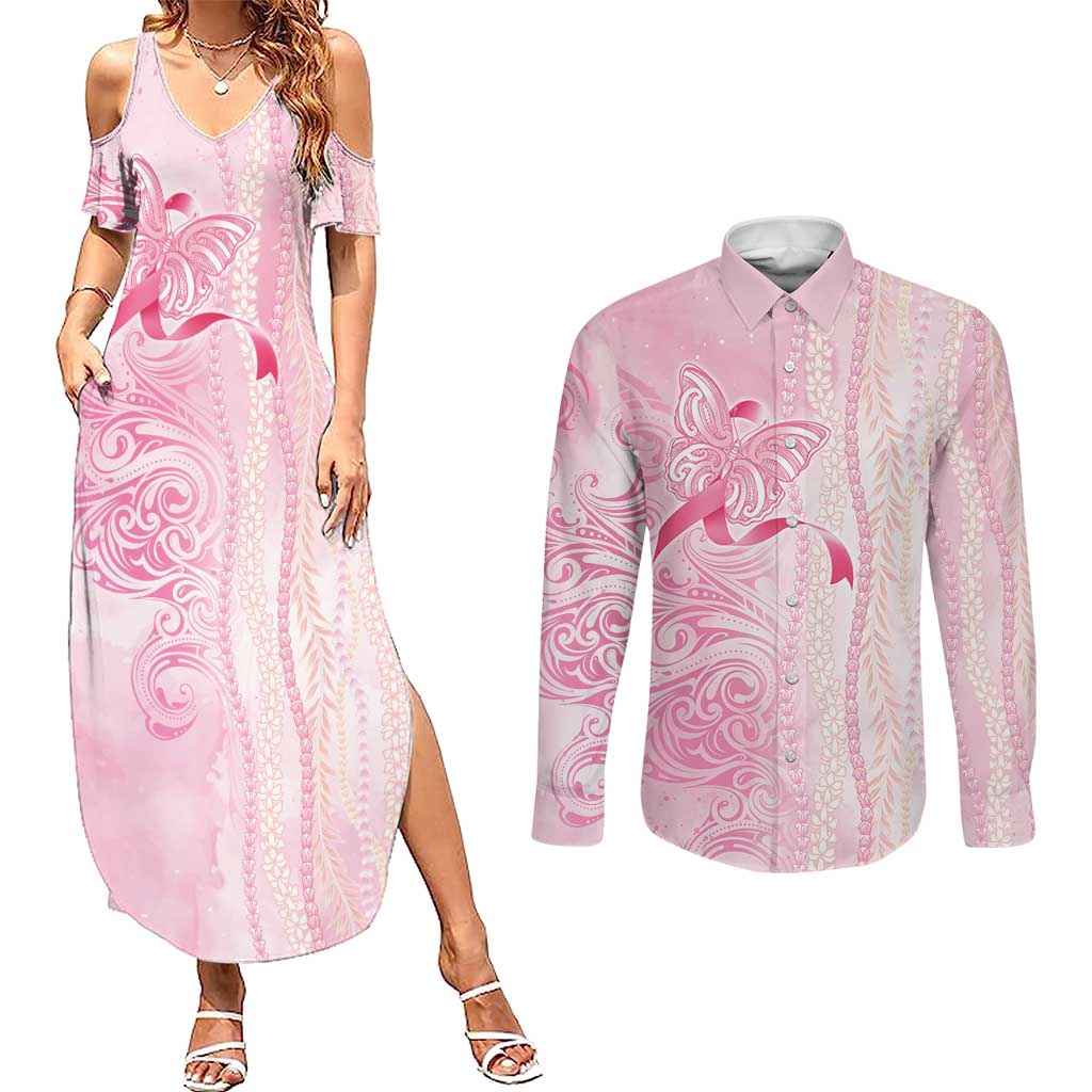 Breast Cancer Awareness Couples Matching Summer Maxi Dress and Long Sleeve Button Shirt Maile Pikake Lokelani Crown Flower Lei Inspired