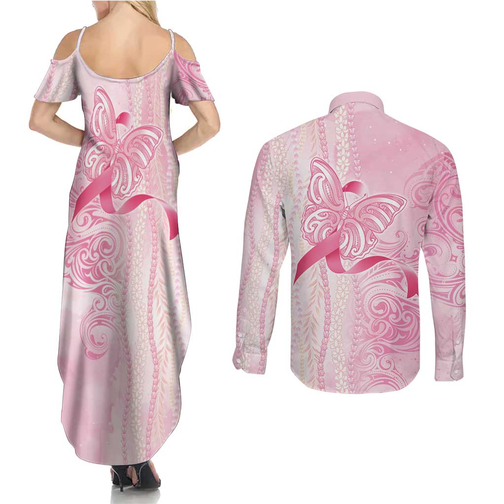 Breast Cancer Awareness Couples Matching Summer Maxi Dress and Long Sleeve Button Shirt Maile Pikake Lokelani Crown Flower Lei Inspired