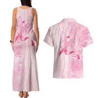 Breast Cancer Awareness Couples Matching Tank Maxi Dress and Hawaiian Shirt Maile Pikake Lokelani Crown Flower Lei Inspired