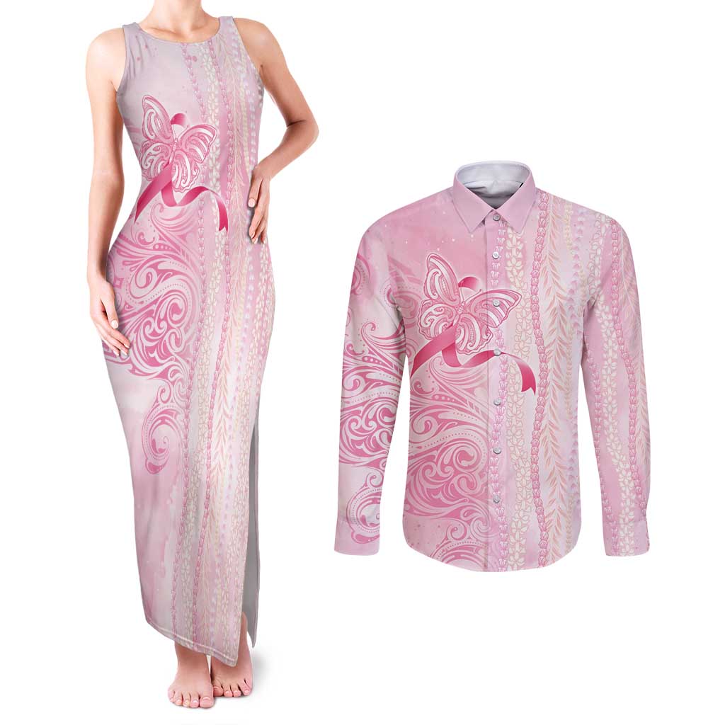 Breast Cancer Awareness Couples Matching Tank Maxi Dress and Long Sleeve Button Shirt Maile Pikake Lokelani Crown Flower Lei Inspired