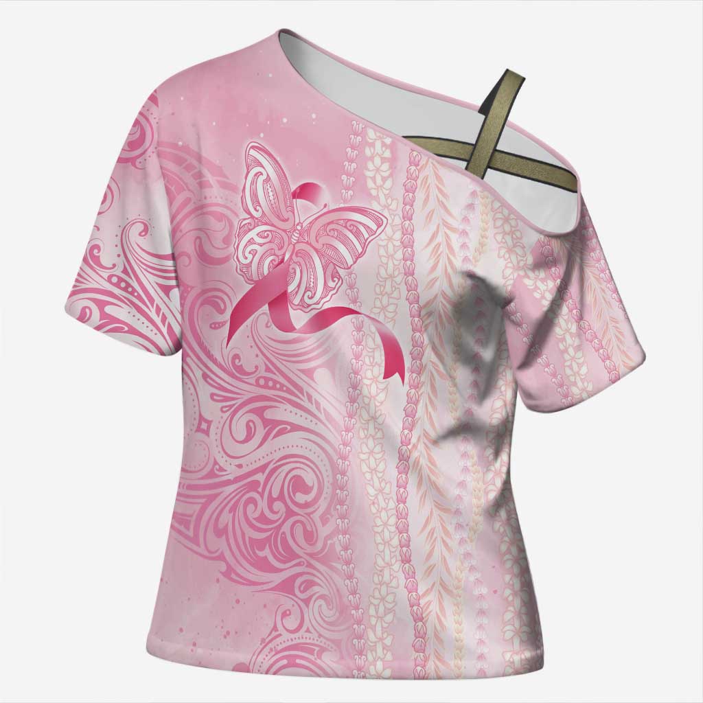 Breast Cancer Awareness Cross Shoulder Shirt Maile Pikake Lokelani Crown Flower Lei Inspired LT9 Female Pink - Polynesian Pride
