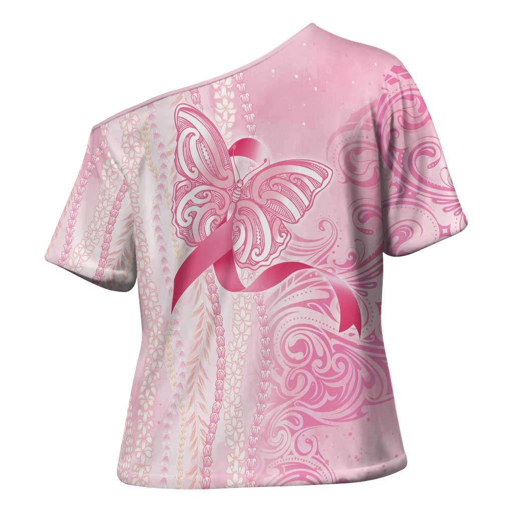 Breast Cancer Awareness Cross Shoulder Shirt Maile Pikake Lokelani Crown Flower Lei Inspired LT9 - Polynesian Pride