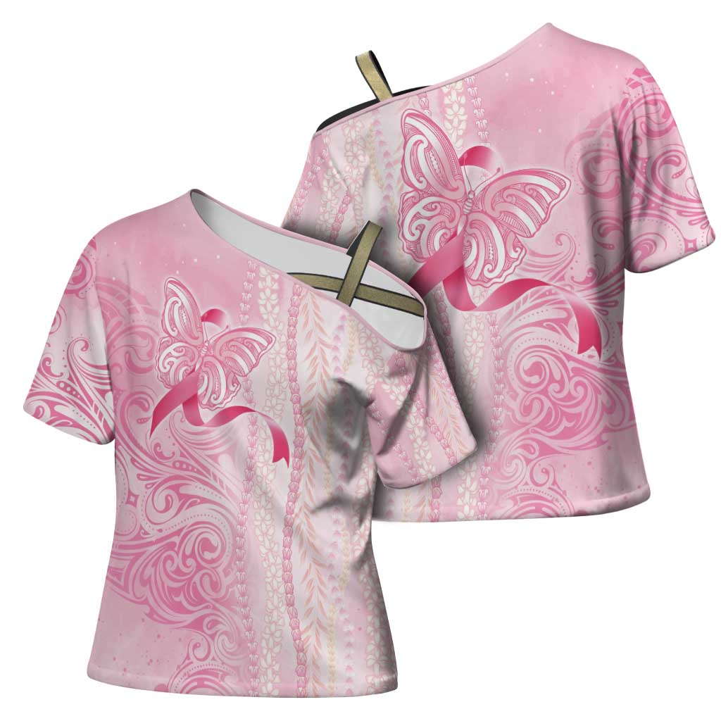 Breast Cancer Awareness Cross Shoulder Shirt Maile Pikake Lokelani Crown Flower Lei Inspired LT9 - Polynesian Pride