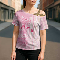 Breast Cancer Awareness Cross Shoulder Shirt Maile Pikake Lokelani Crown Flower Lei Inspired LT9 - Polynesian Pride
