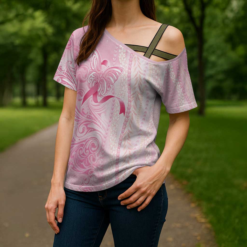 Breast Cancer Awareness Cross Shoulder Shirt Maile Pikake Lokelani Crown Flower Lei Inspired LT9 - Polynesian Pride