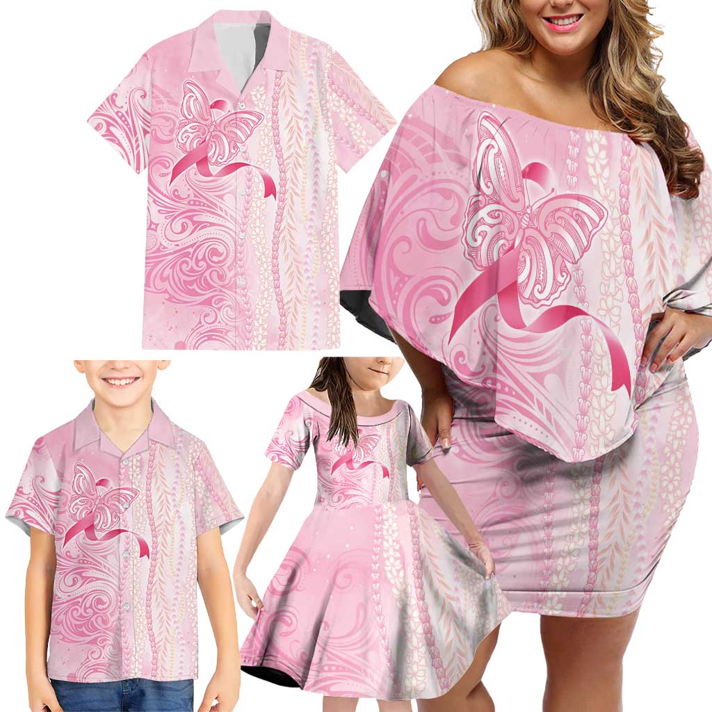 Breast Cancer Awareness Family Matching Off Shoulder Short Dress and Hawaiian Shirt Maile Pikake Lokelani Crown Flower Lei Inspired