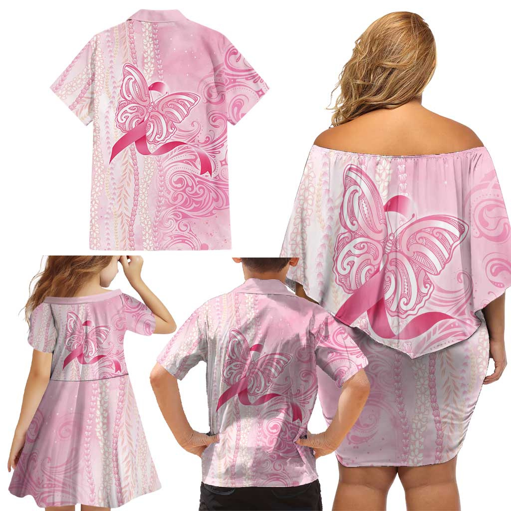 Breast Cancer Awareness Family Matching Off Shoulder Short Dress and Hawaiian Shirt Maile Pikake Lokelani Crown Flower Lei Inspired