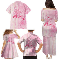 Breast Cancer Awareness Family Matching Puletasi and Hawaiian Shirt Maile Pikake Lokelani Crown Flower Lei Inspired