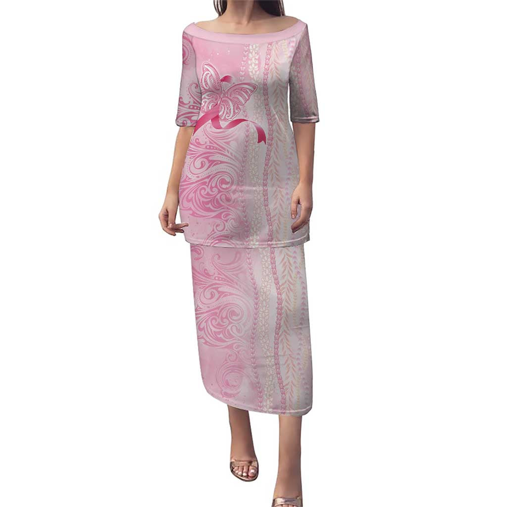 Breast Cancer Awareness Family Matching Puletasi and Hawaiian Shirt Maile Pikake Lokelani Crown Flower Lei Inspired