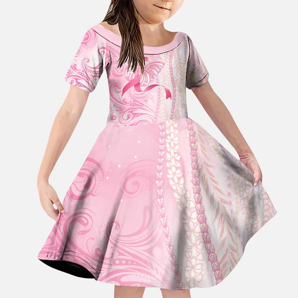 Breast Cancer Awareness Family Matching Summer Maxi Dress and Hawaiian Shirt Maile Pikake Lokelani Crown Flower Lei Inspired LT9 Daughter's Dress Pink - Polynesian Pride