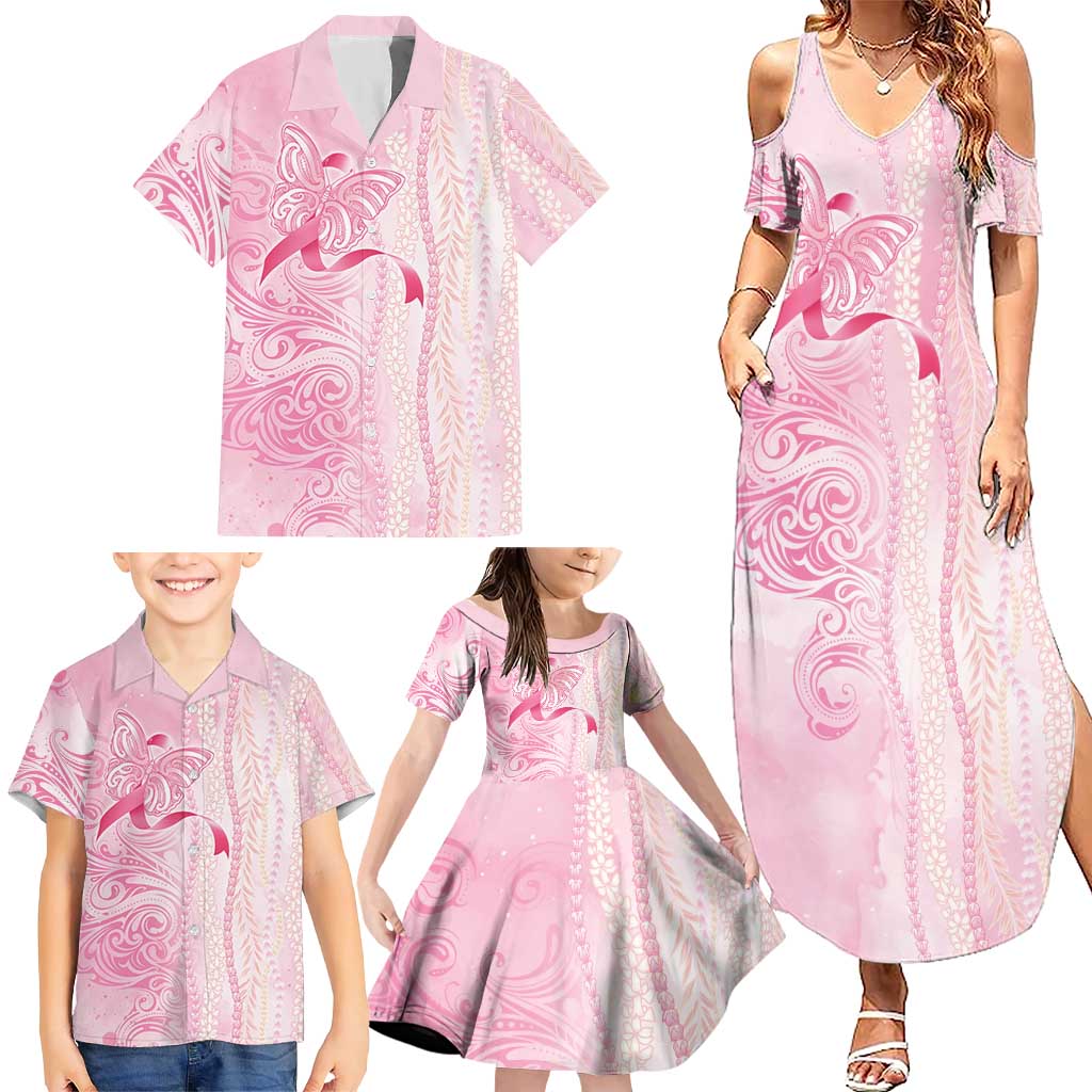 Breast Cancer Awareness Family Matching Summer Maxi Dress and Hawaiian Shirt Maile Pikake Lokelani Crown Flower Lei Inspired LT9 - Polynesian Pride