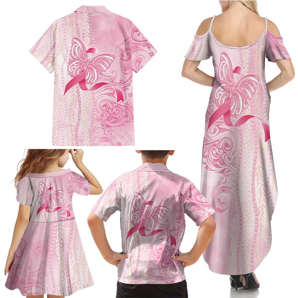 Breast Cancer Awareness Family Matching Summer Maxi Dress and Hawaiian Shirt Maile Pikake Lokelani Crown Flower Lei Inspired LT9 - Polynesian Pride