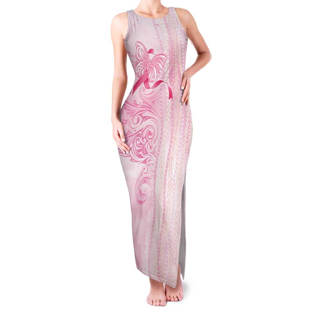 Breast Cancer Awareness Family Matching Tank Maxi Dress and Hawaiian Shirt Maile Pikake Lokelani Crown Flower Lei Inspired
