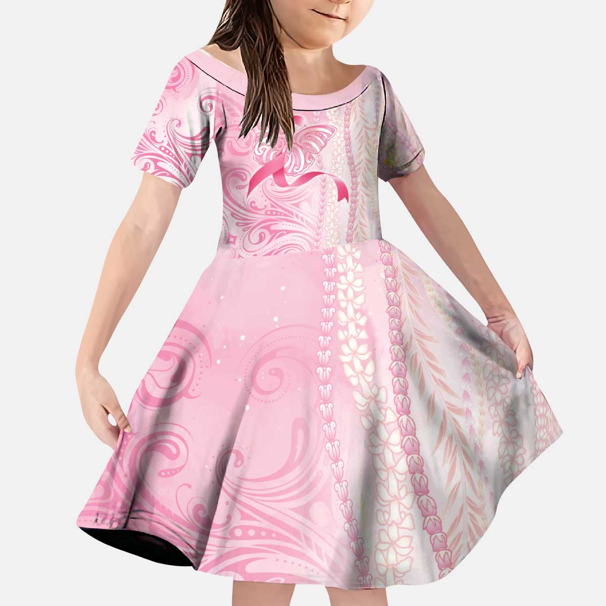 Breast Cancer Awareness Kid Short Sleeve Dress Maile Pikake Lokelani Crown Flower Lei Inspired