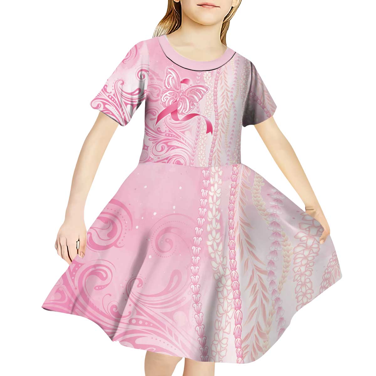 Breast Cancer Awareness Kid Short Sleeve Dress Maile Pikake Lokelani Crown Flower Lei Inspired